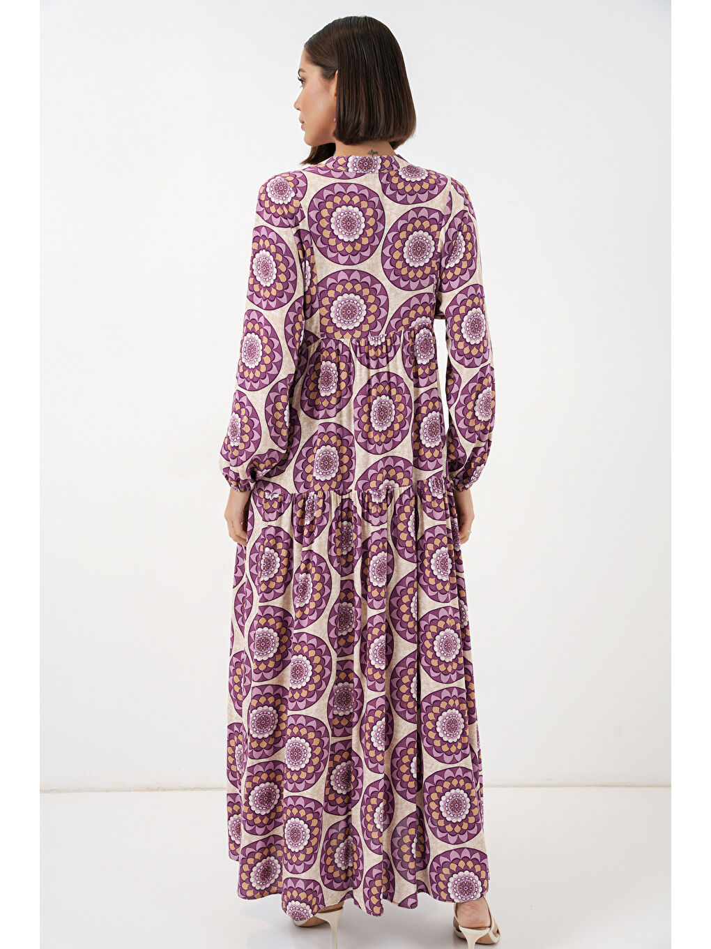 Kadın Desenli Uzun Tesettür Elbise 2585 - B.Lila-5