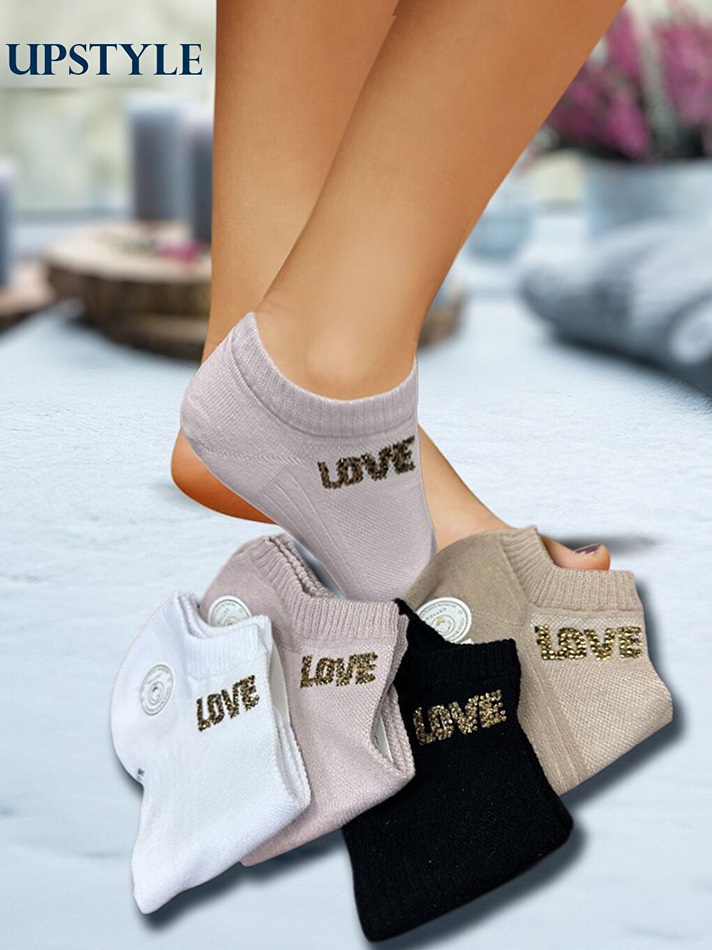 Karışık Kadın 12’li Premium Patik Çorap – LOVE Taş Baskılı – 5 Renk Dikişsiz Konfor