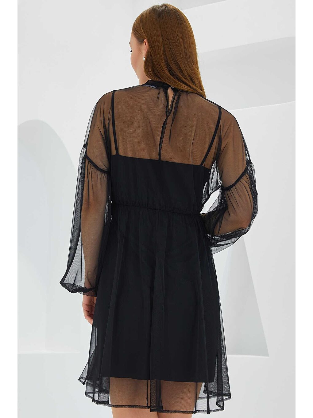 Kadın Siyah Tül Detaylı Mini Elbise 2485-4