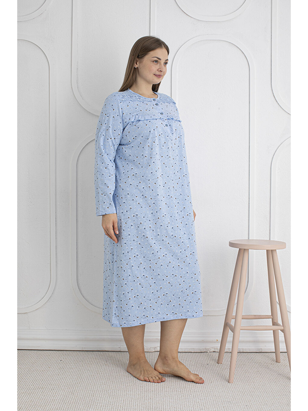 Mavi %100 Pamuklu Mevsimlik Kumaş Uzun Kol Büyük Beden Anne Geceliği 1525-2