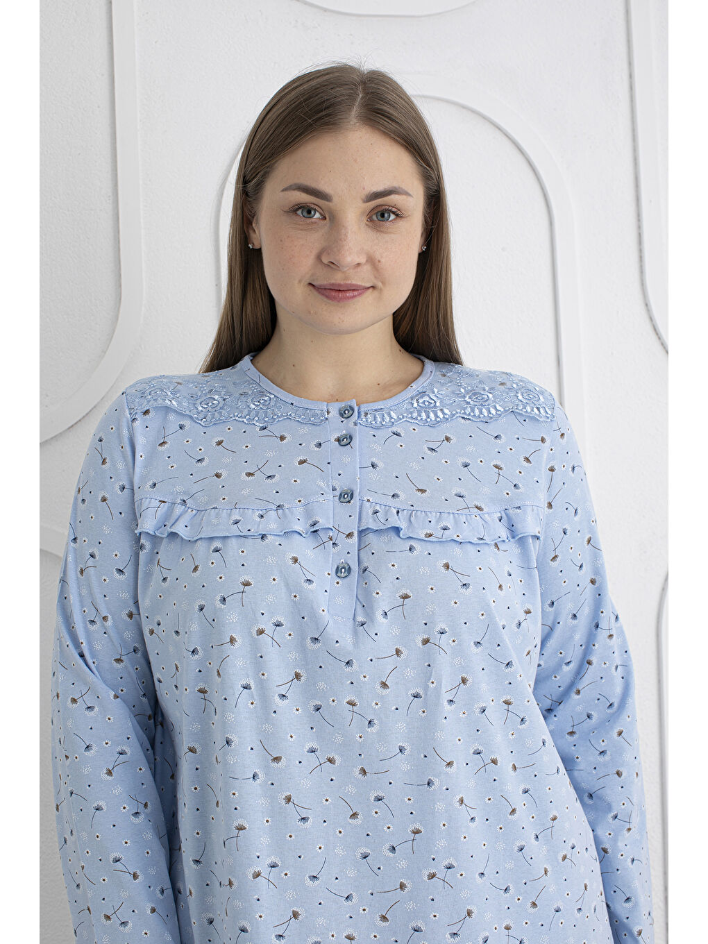 Mavi %100 Pamuklu Mevsimlik Kumaş Uzun Kol Büyük Beden Anne Geceliği 1525-3