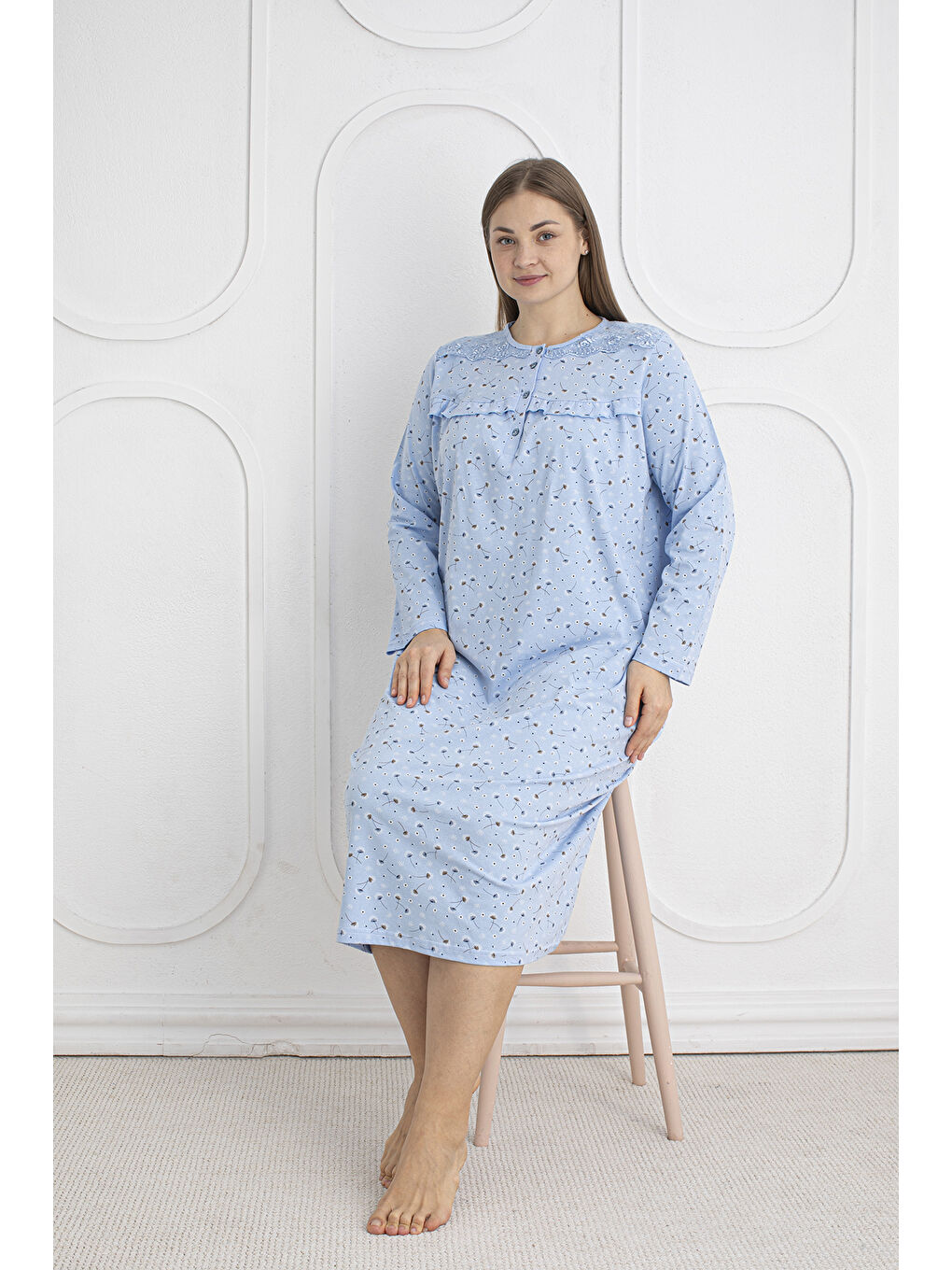 Mavi %100 Pamuklu Mevsimlik Kumaş Uzun Kol Büyük Beden Anne Geceliği 1525-4