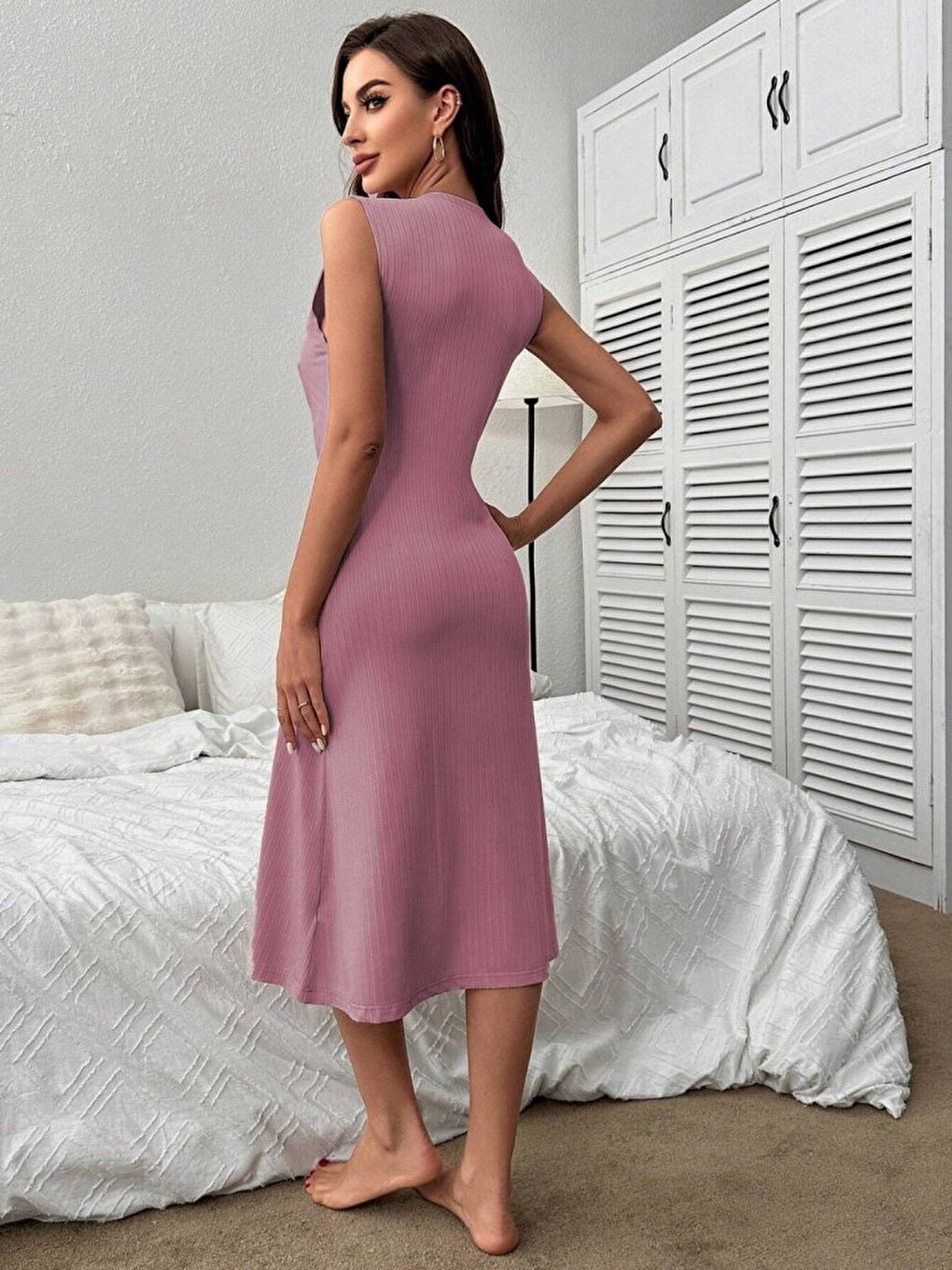 Pembe Kadın V Yakalı Önden Düğmeli Kaşkorse Elbise-7