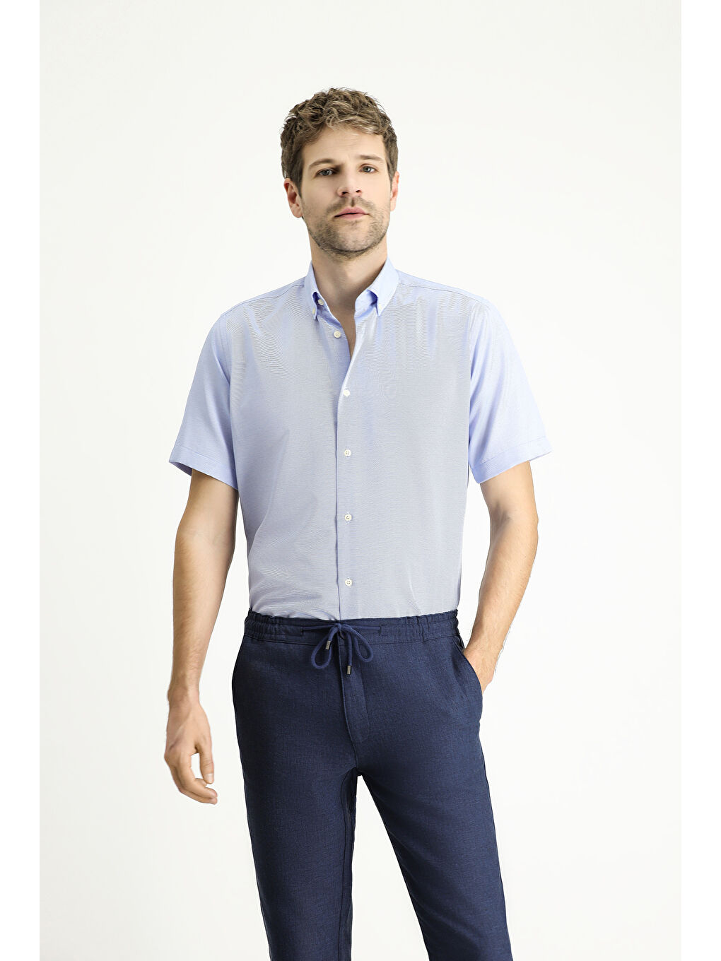 Mavi Kısa Kol Regular Fit Desenli Pamuklu Kolay Ütülenebilir Düğmeli Yaka Büyük Beden Gömlek-1