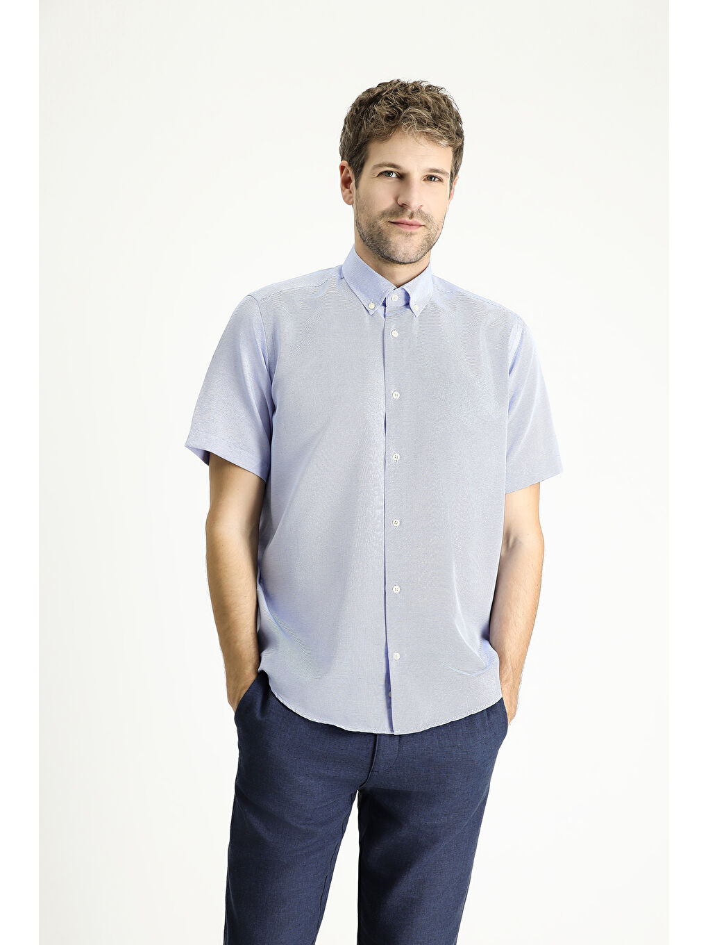 Mavi Kısa Kol Regular Fit Desenli Pamuklu Kolay Ütülenebilir Düğmeli Yaka Büyük Beden Gömlek-2