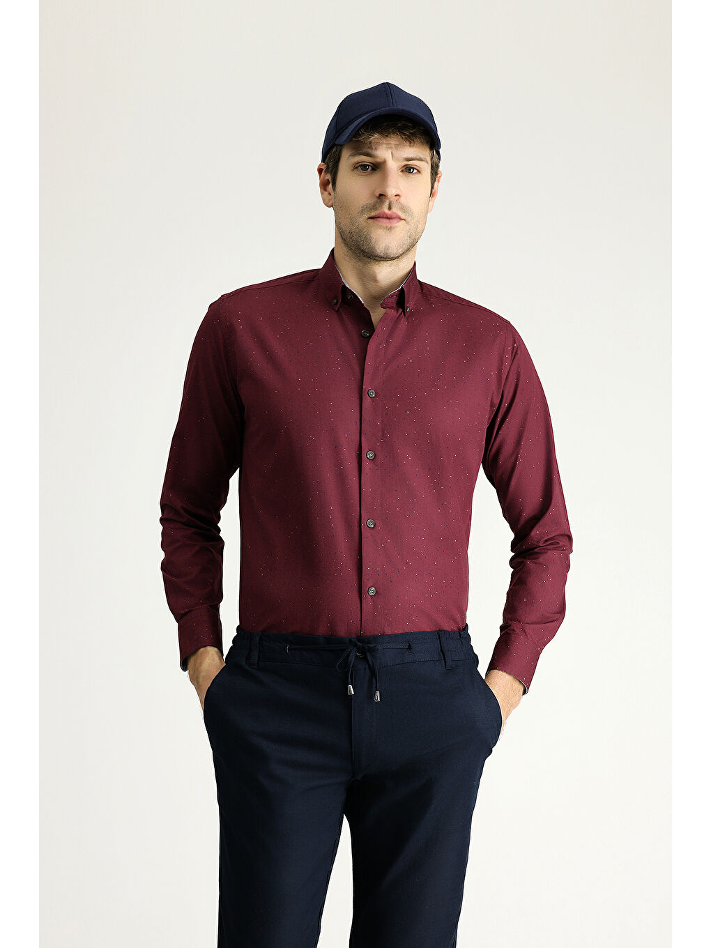 Bordo Uzun Kol Slim Fit Dar Kesim Baskılı Pamuk Düğmeli Yaka Gömlek