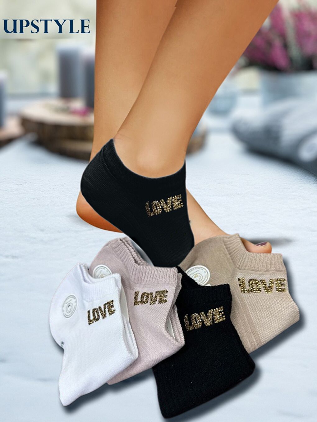 Karışık Kadın 12’li Premium Patik Çorap – LOVE Taş Baskılı – 5 Renk Dikişsiz Konfor-2