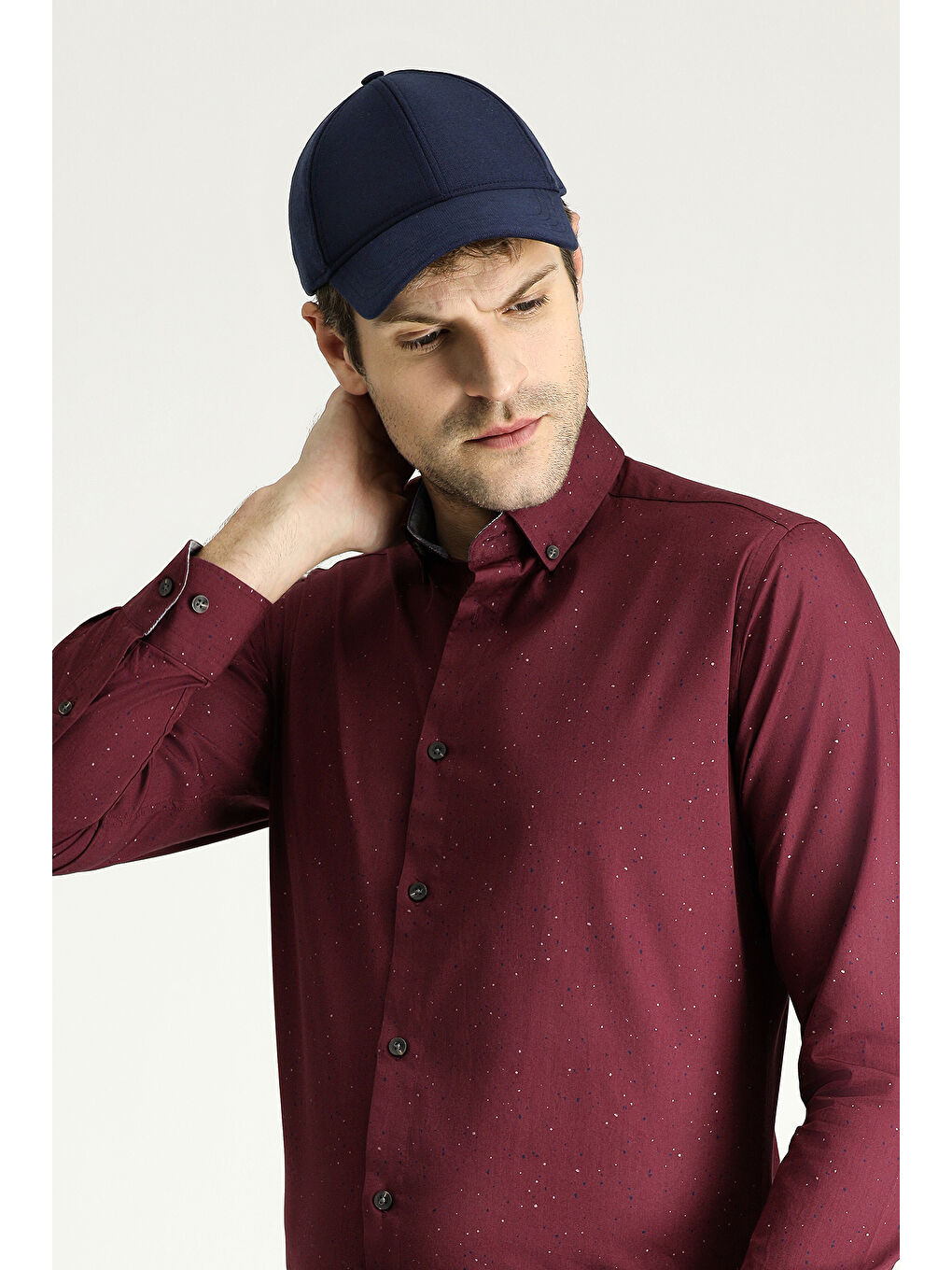 Bordo Uzun Kol Slim Fit Dar Kesim Baskılı Pamuk Düğmeli Yaka Gömlek-1
