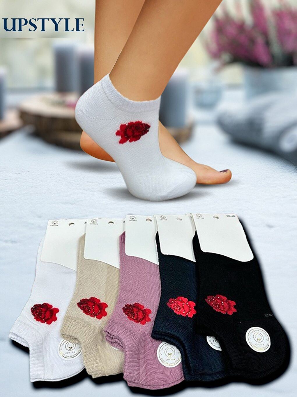 Kadın 12’li Premium Patik Çorap – Zarif Gül Taşlı Model – Karışık Asorti-1