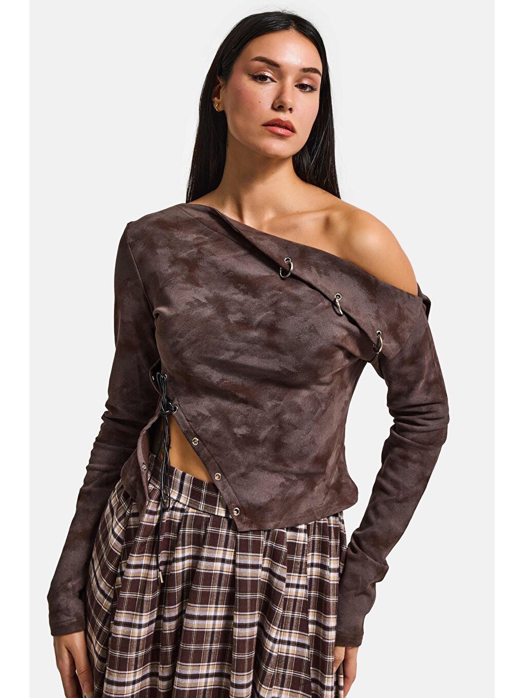 Kahverengi Kadın Kahve w5 Asimetrik Kesim Tek Omuz Açık Özel Tasarım Crop Top