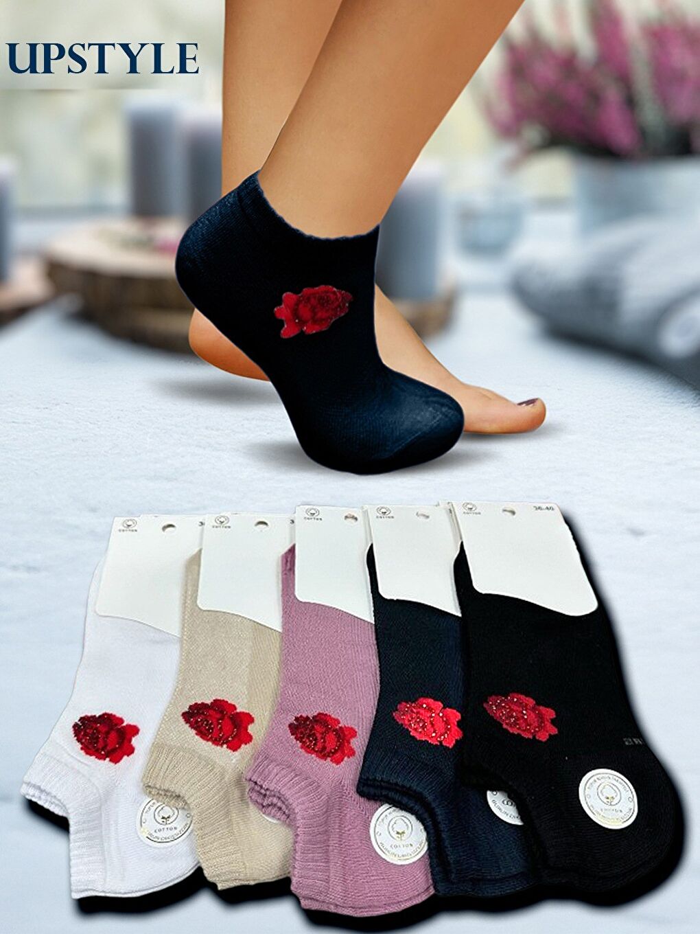 Kadın 12’li Premium Patik Çorap – Zarif Gül Taşlı Model – Karışık Asorti-2