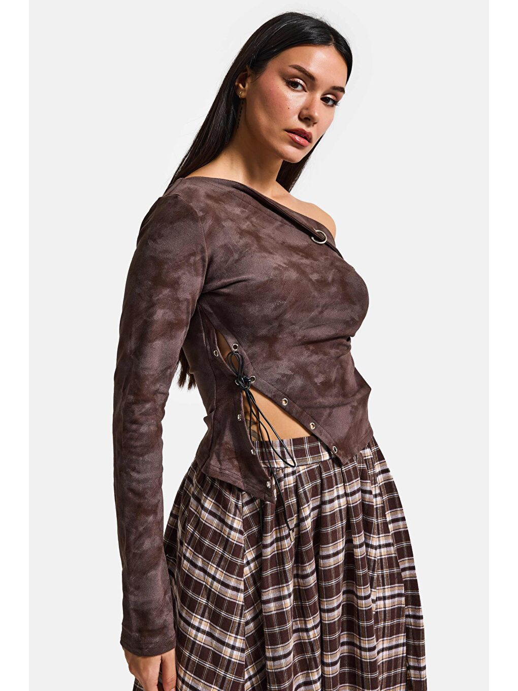 Kahverengi Kadın Kahve w5 Asimetrik Kesim Tek Omuz Açık Özel Tasarım Crop Top-2