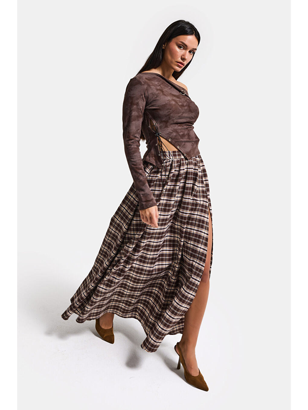 Kahverengi Kadın Kahve w5 Asimetrik Kesim Tek Omuz Açık Özel Tasarım Crop Top-3