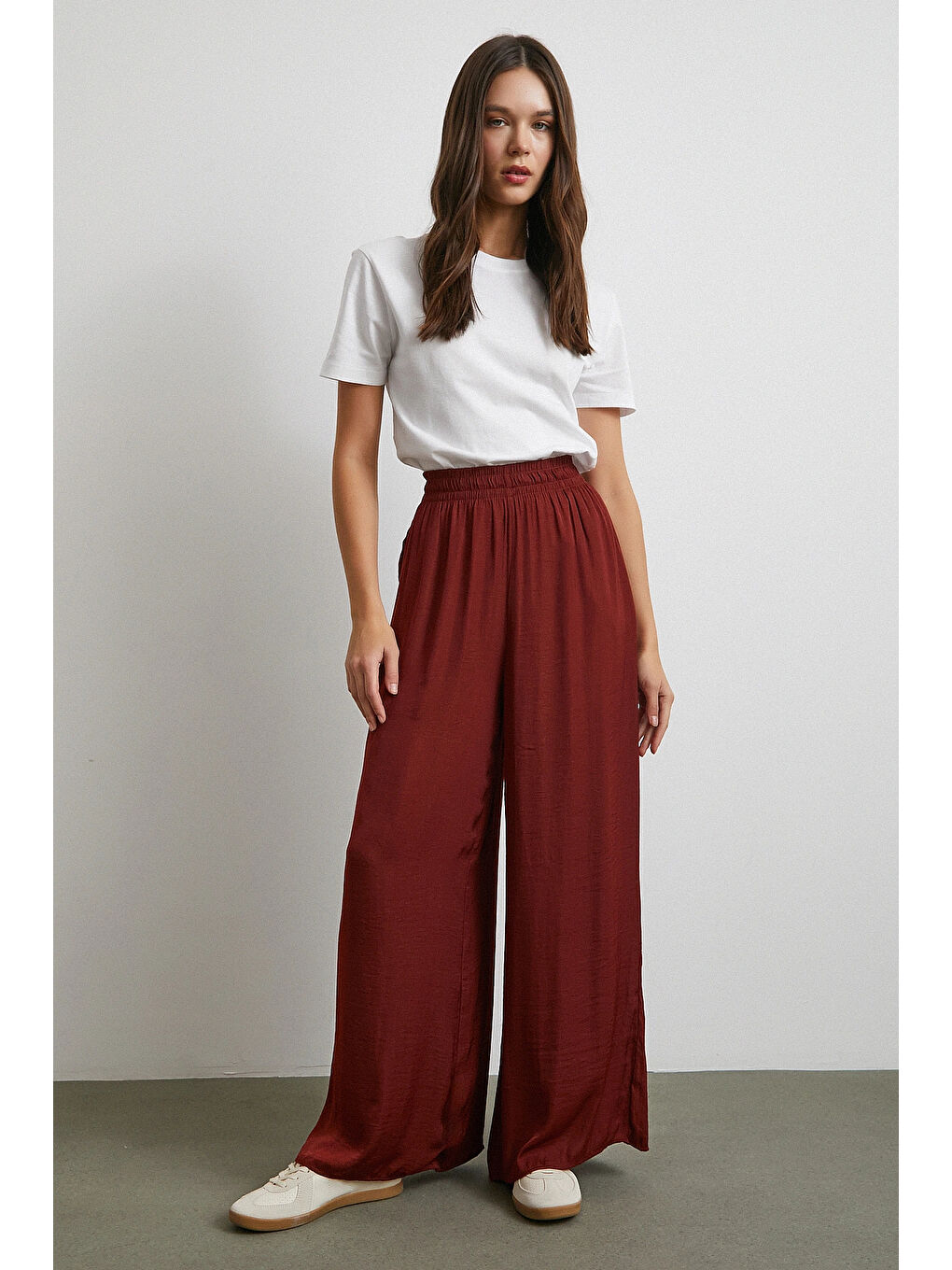 Karışık Beli Lastikli Dökümlü Geniş Paça Pantolon Kahve