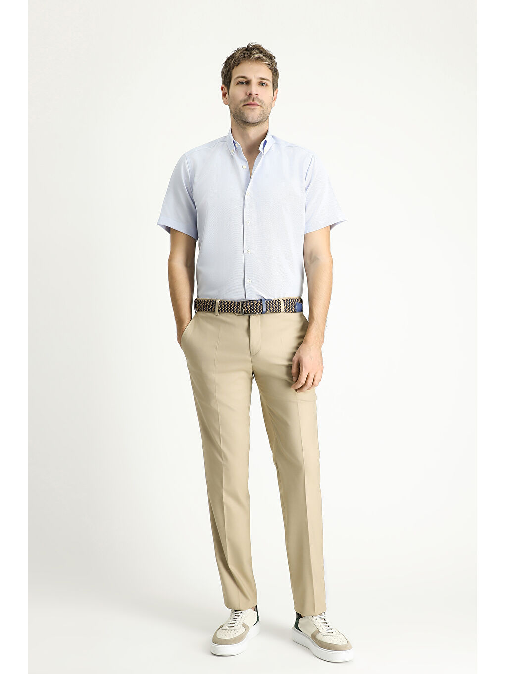 Mavi Kısa Kol Regular Fit Desenli Pamuklu Kolay Ütülenebilir Düğmeli Yaka Gömlek-1