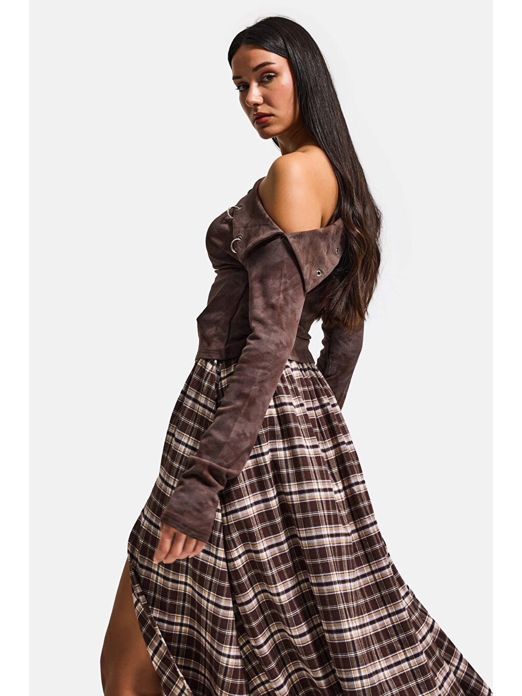 Kahverengi Kadın Kahve w5 Asimetrik Kesim Tek Omuz Açık Özel Tasarım Crop Top-5