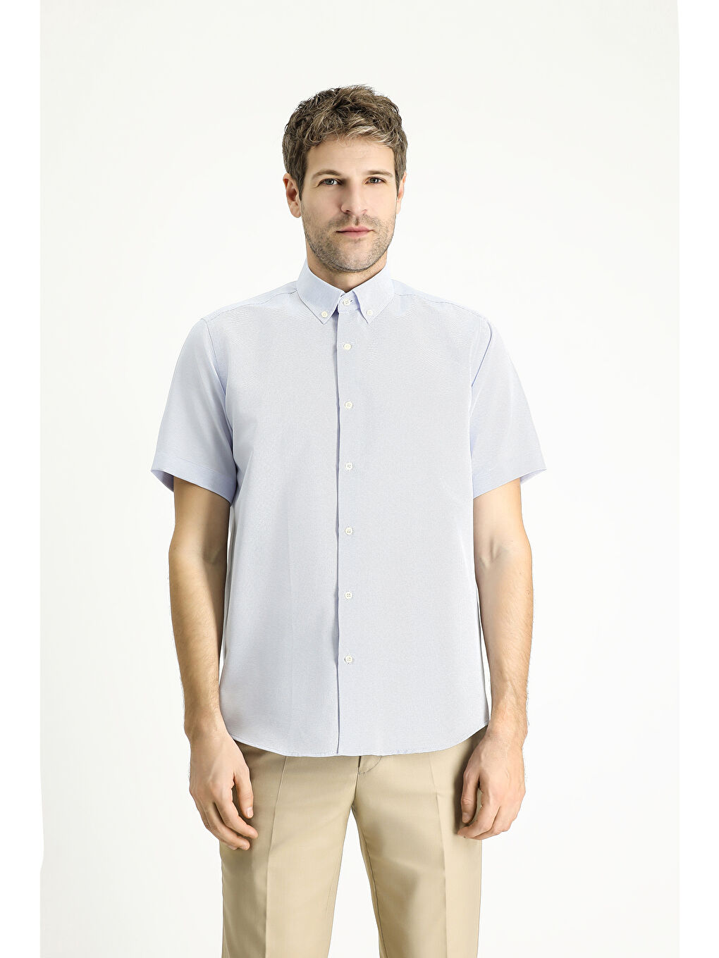 Mavi Kısa Kol Regular Fit Desenli Pamuklu Kolay Ütülenebilir Düğmeli Yaka Gömlek-2
