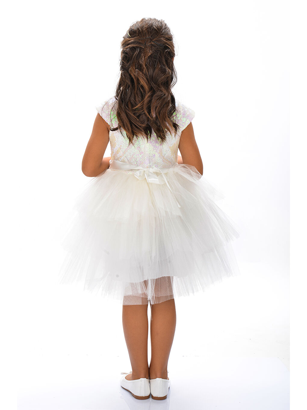 Beyaz Mnk Kız Çocuk Pullu Tüllü Parti Elbisesi-6