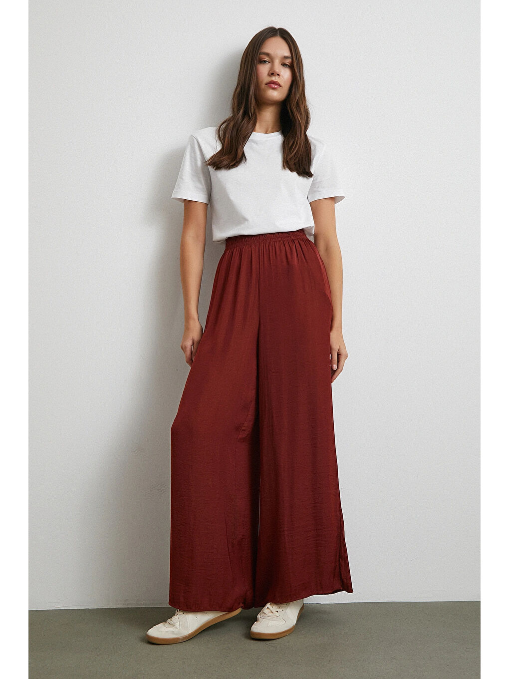 Karışık Beli Lastikli Dökümlü Geniş Paça Pantolon Kahve-2