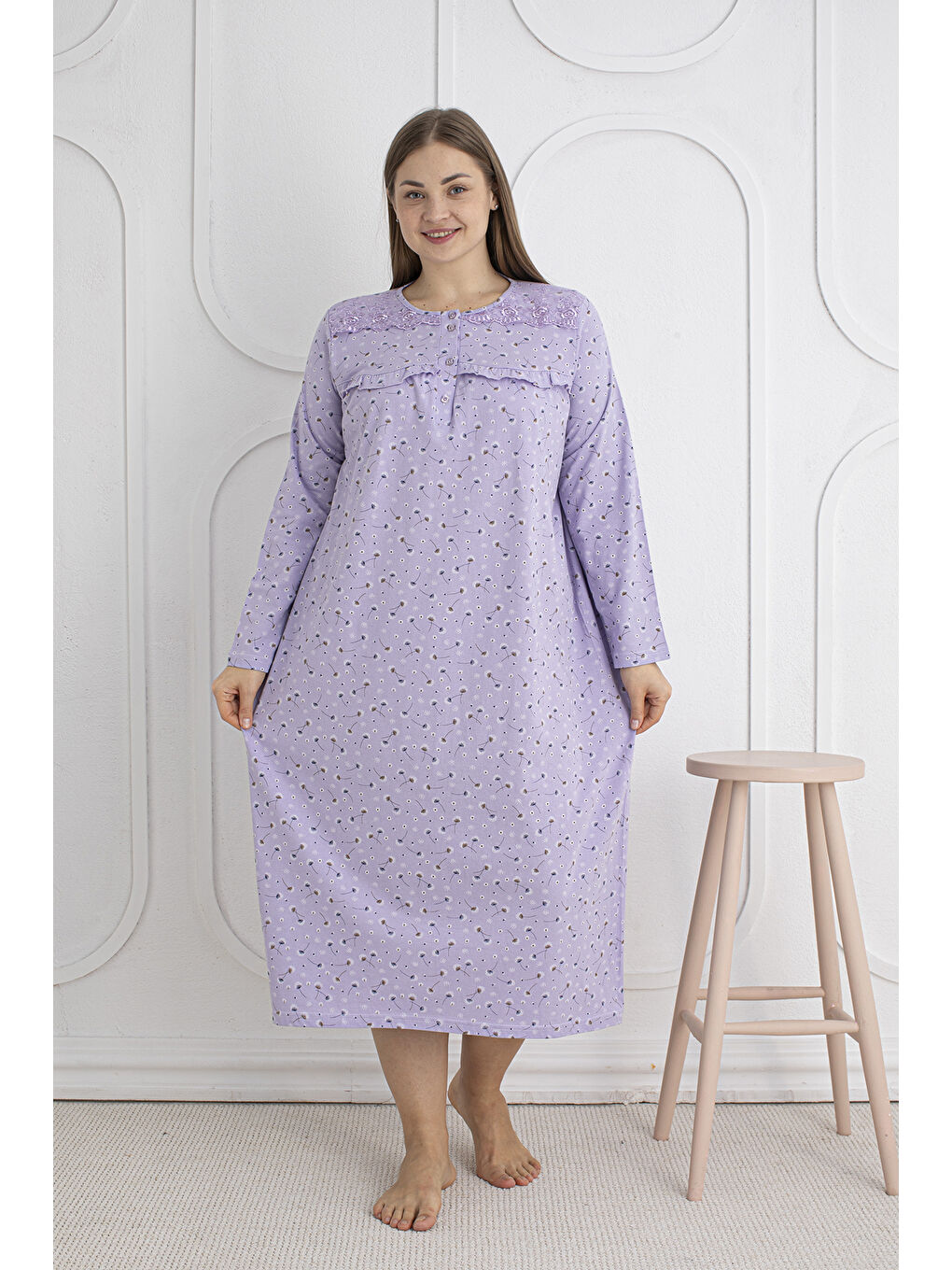 Lila %100 Pamuklu Mevsimlik Kumaş Uzun Kol Büyük Beden Anne Geceliği 1525