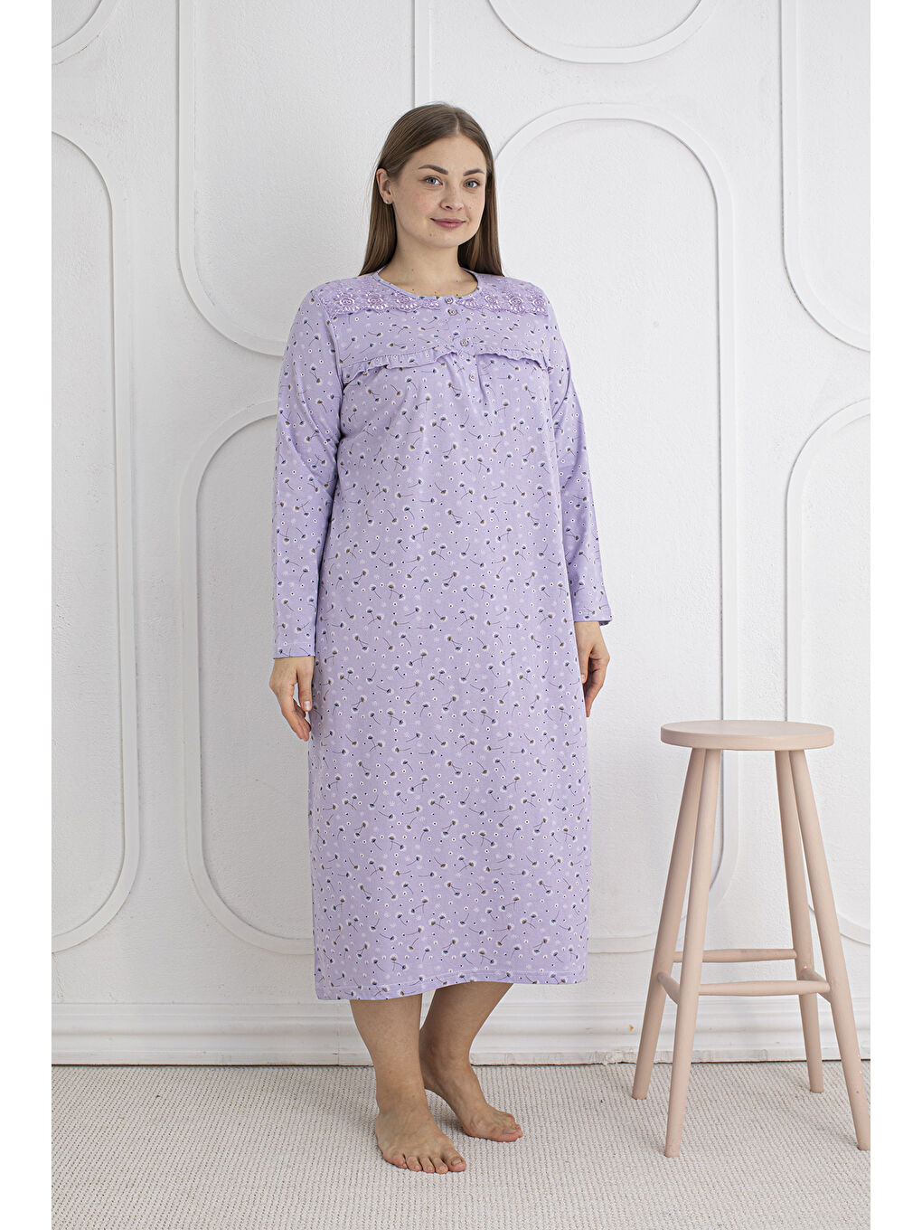 Lila %100 Pamuklu Mevsimlik Kumaş Uzun Kol Büyük Beden Anne Geceliği 1525-1