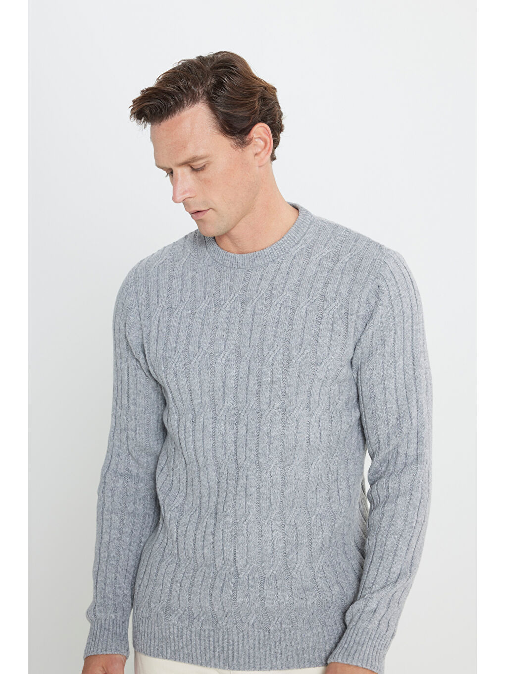 Erkek Açık Gri Standart Fit Normal Kesim Bisiklet Yaka Jakarlı Triko Kazak-3