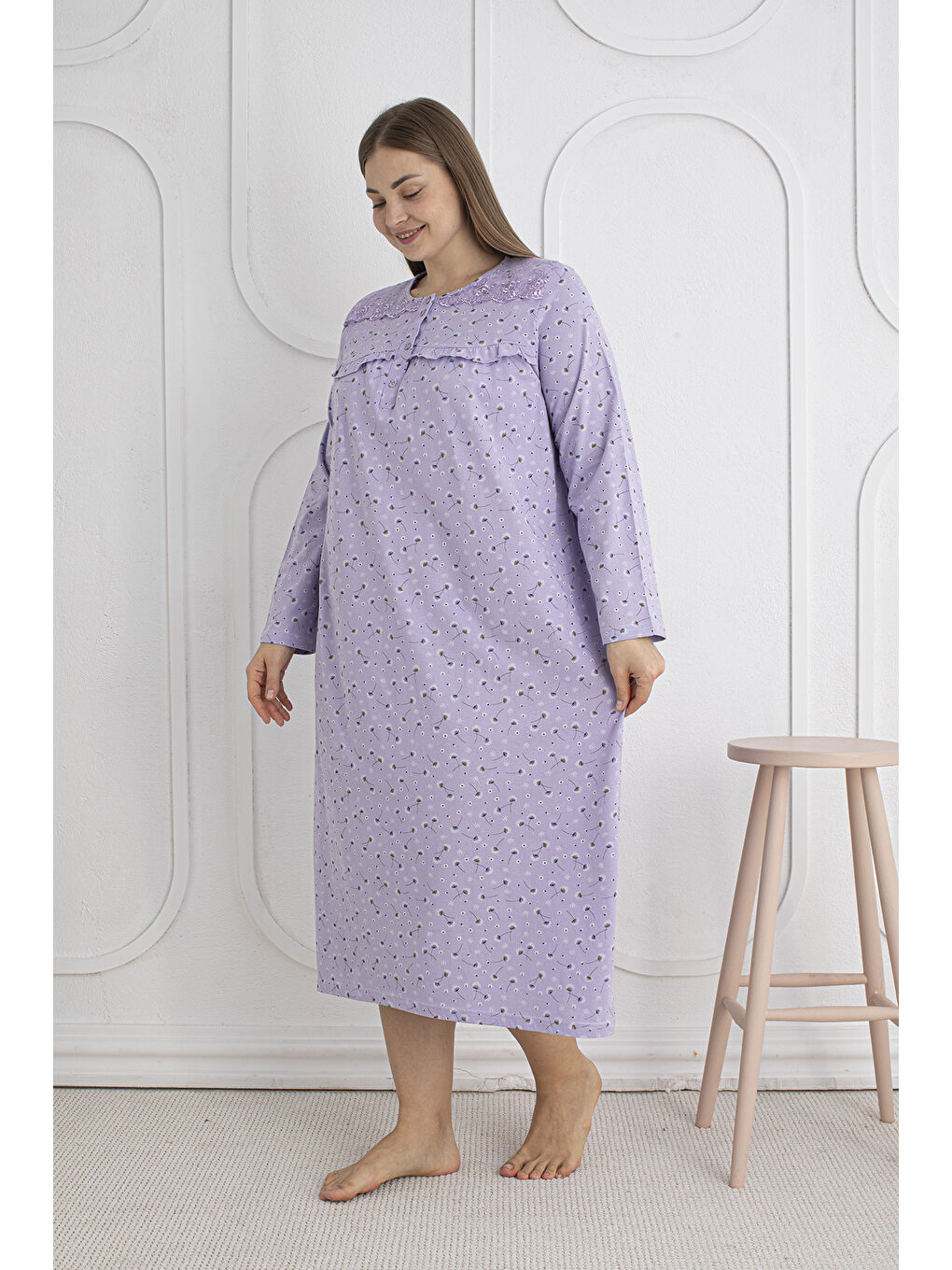 Lila %100 Pamuklu Mevsimlik Kumaş Uzun Kol Büyük Beden Anne Geceliği 1525-2