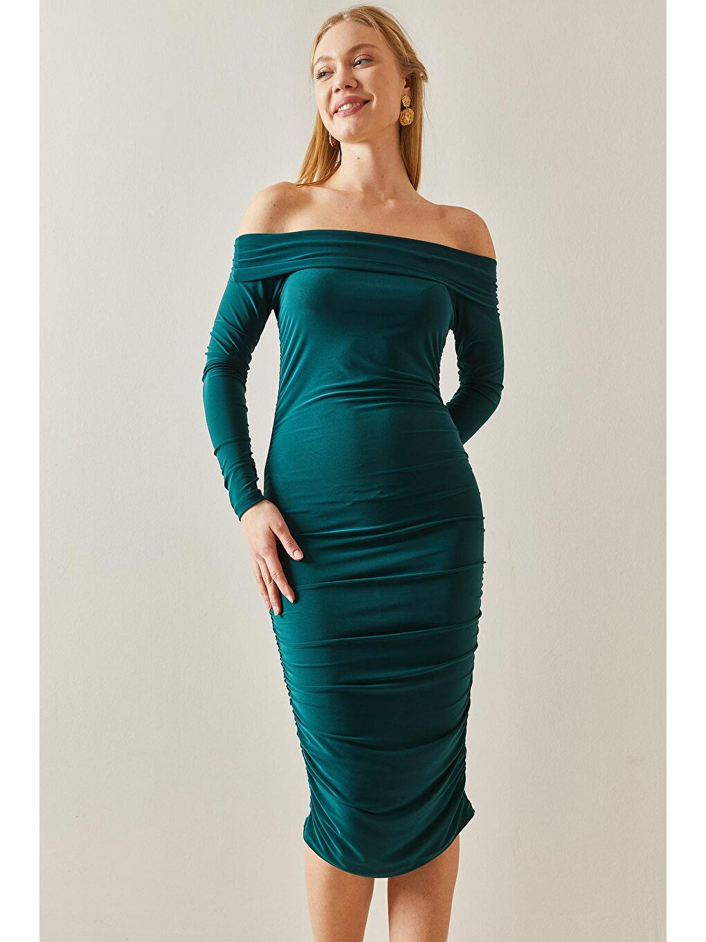 Zümrüt Yeşili Madonna Yaka Drapeli Midi Elbise 4KXK6-47915-44-2