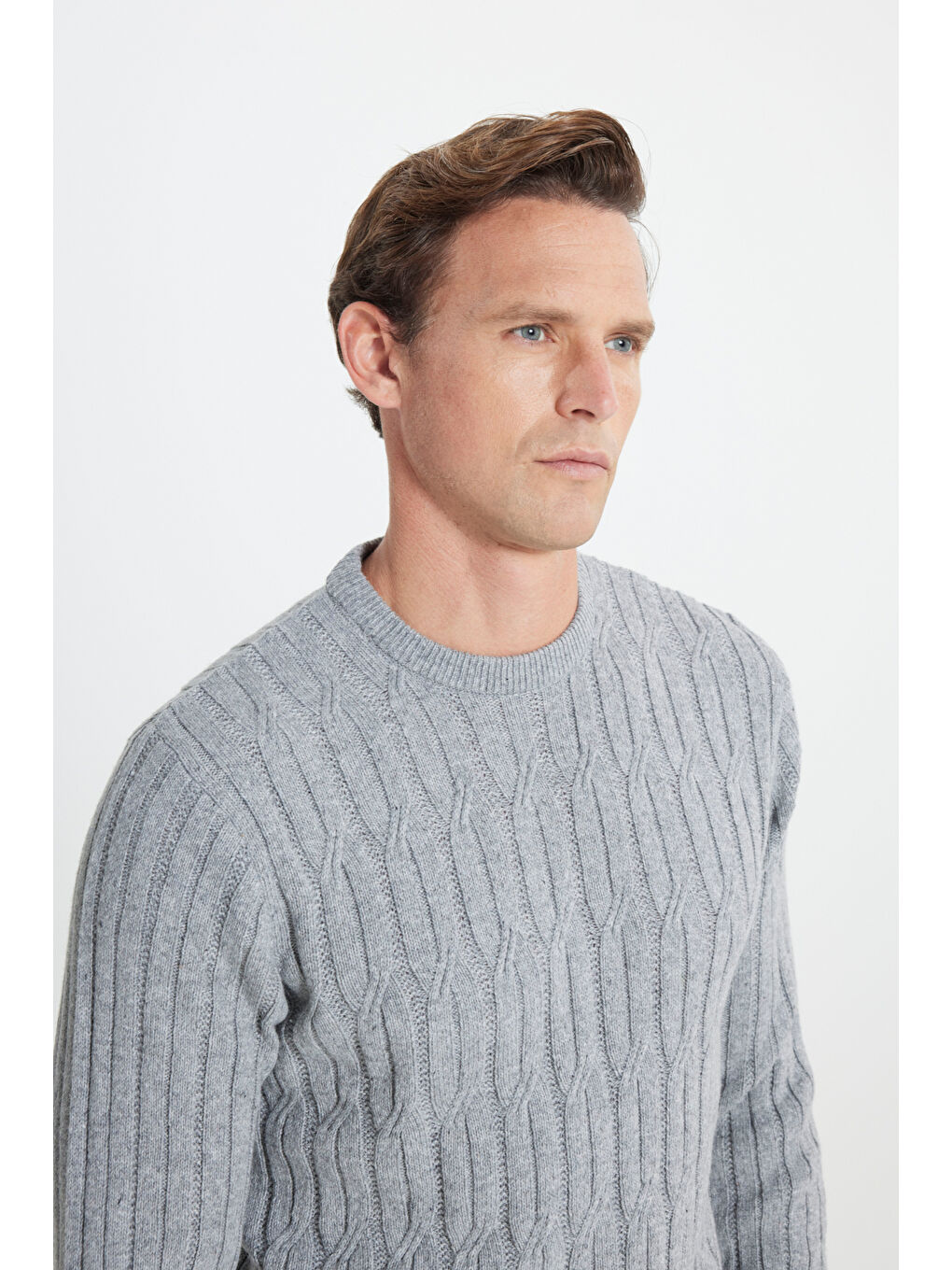 Erkek Açık Gri Standart Fit Normal Kesim Bisiklet Yaka Jakarlı Triko Kazak-4