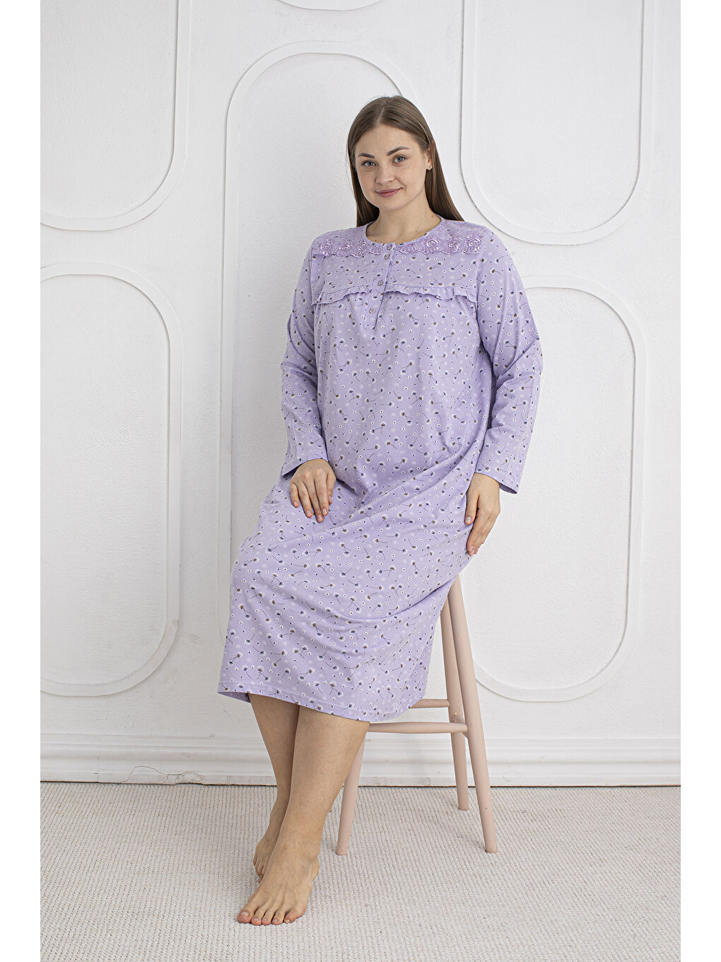 Lila %100 Pamuklu Mevsimlik Kumaş Uzun Kol Büyük Beden Anne Geceliği 1525-3