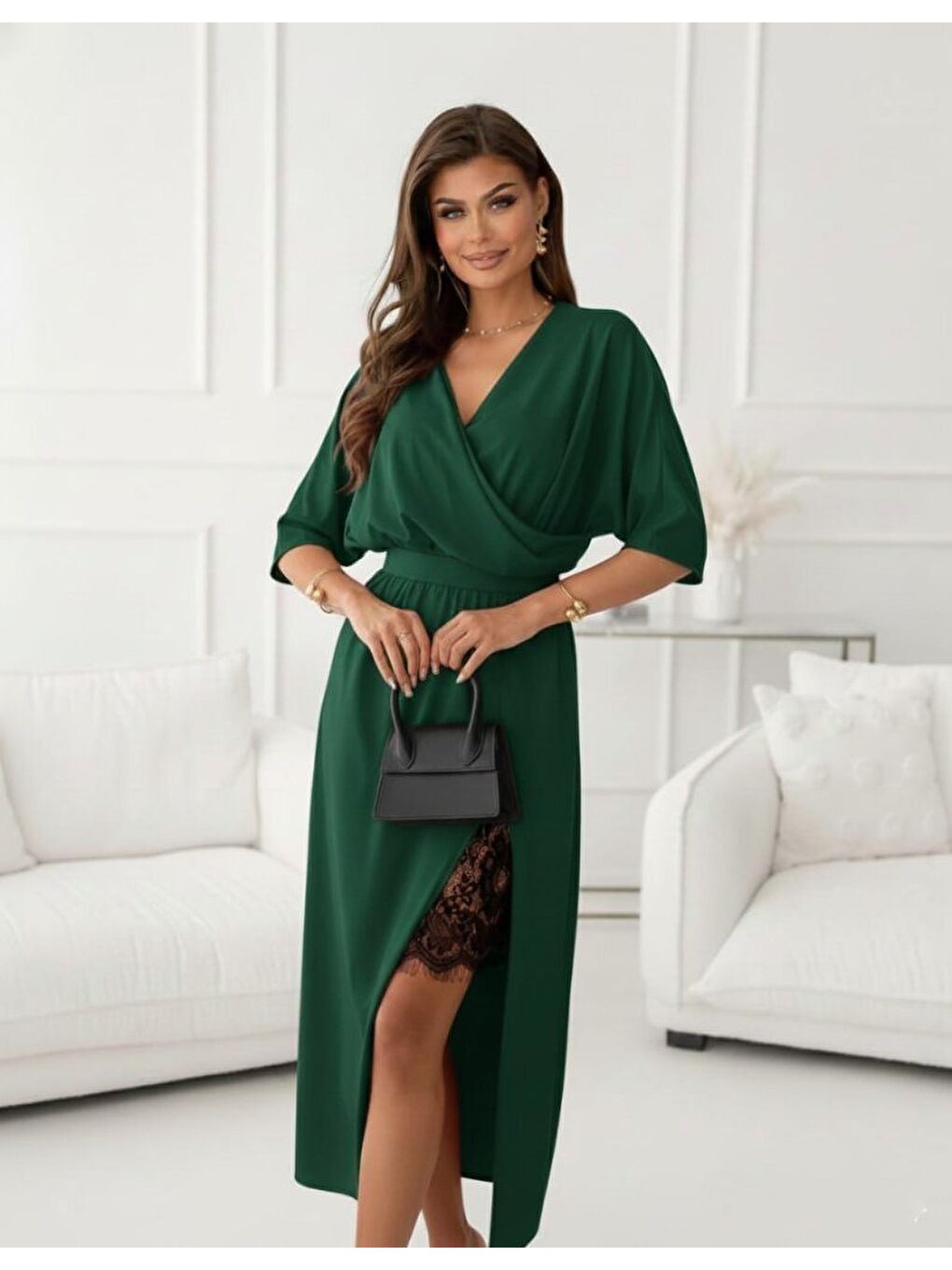 Yeşil Kadın Uzun Kollu Kruvaze Yakalı Yandan Dantelli Midi Ithal Krep Elbise