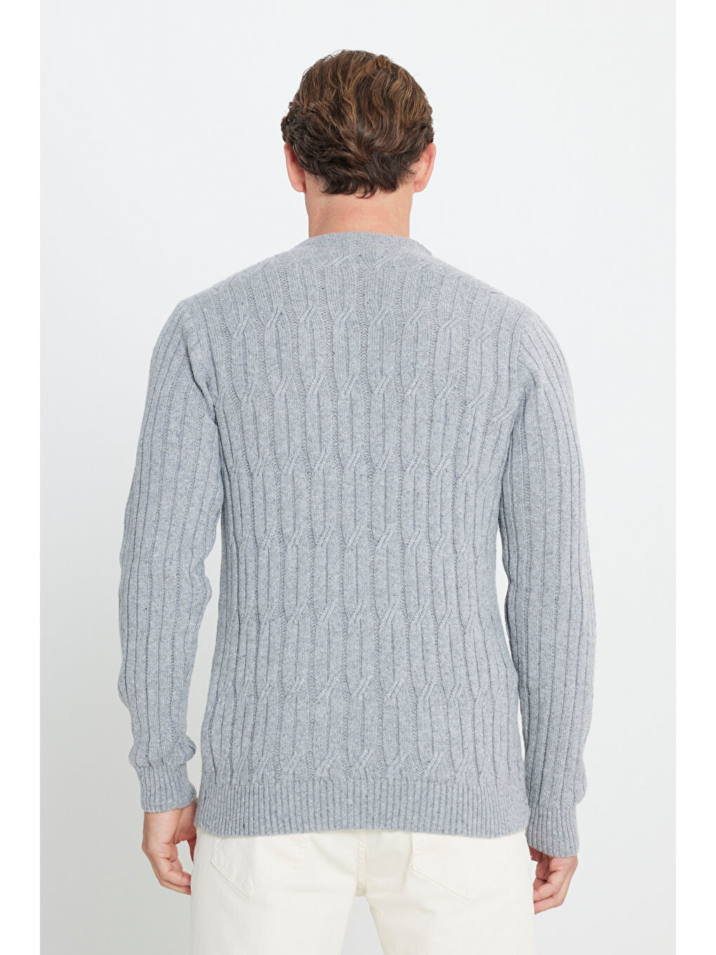 Erkek Açık Gri Standart Fit Normal Kesim Bisiklet Yaka Jakarlı Triko Kazak-5