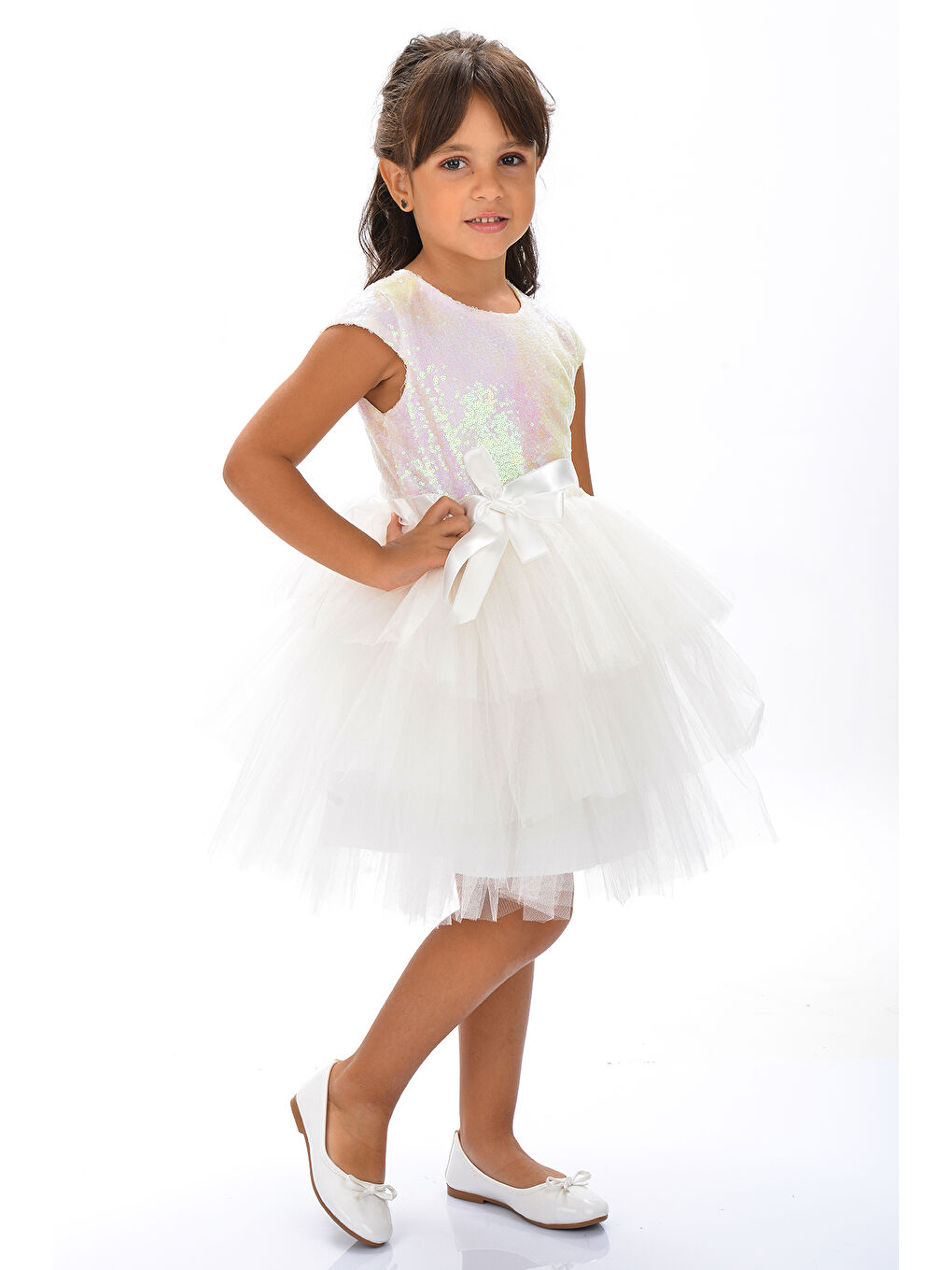 Beyaz Mnk Kız Çocuk Pullu Tüllü Parti Elbisesi-7