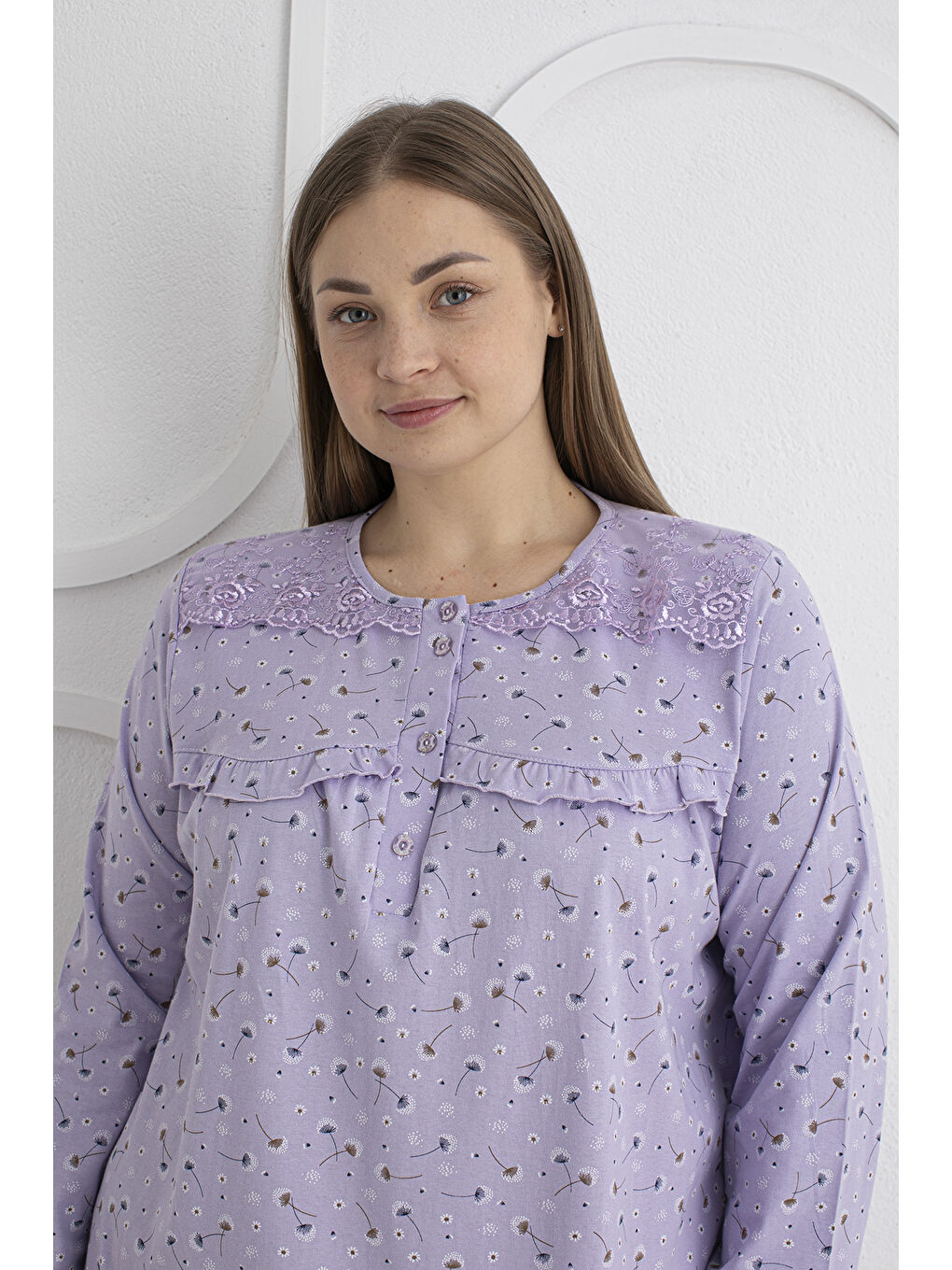 Lila %100 Pamuklu Mevsimlik Kumaş Uzun Kol Büyük Beden Anne Geceliği 1525-4