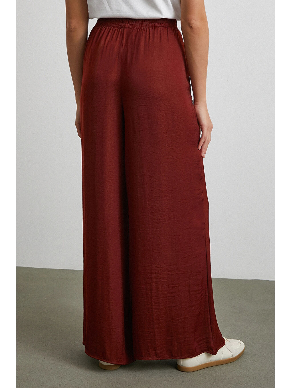 Karışık Beli Lastikli Dökümlü Geniş Paça Pantolon Kahve-5