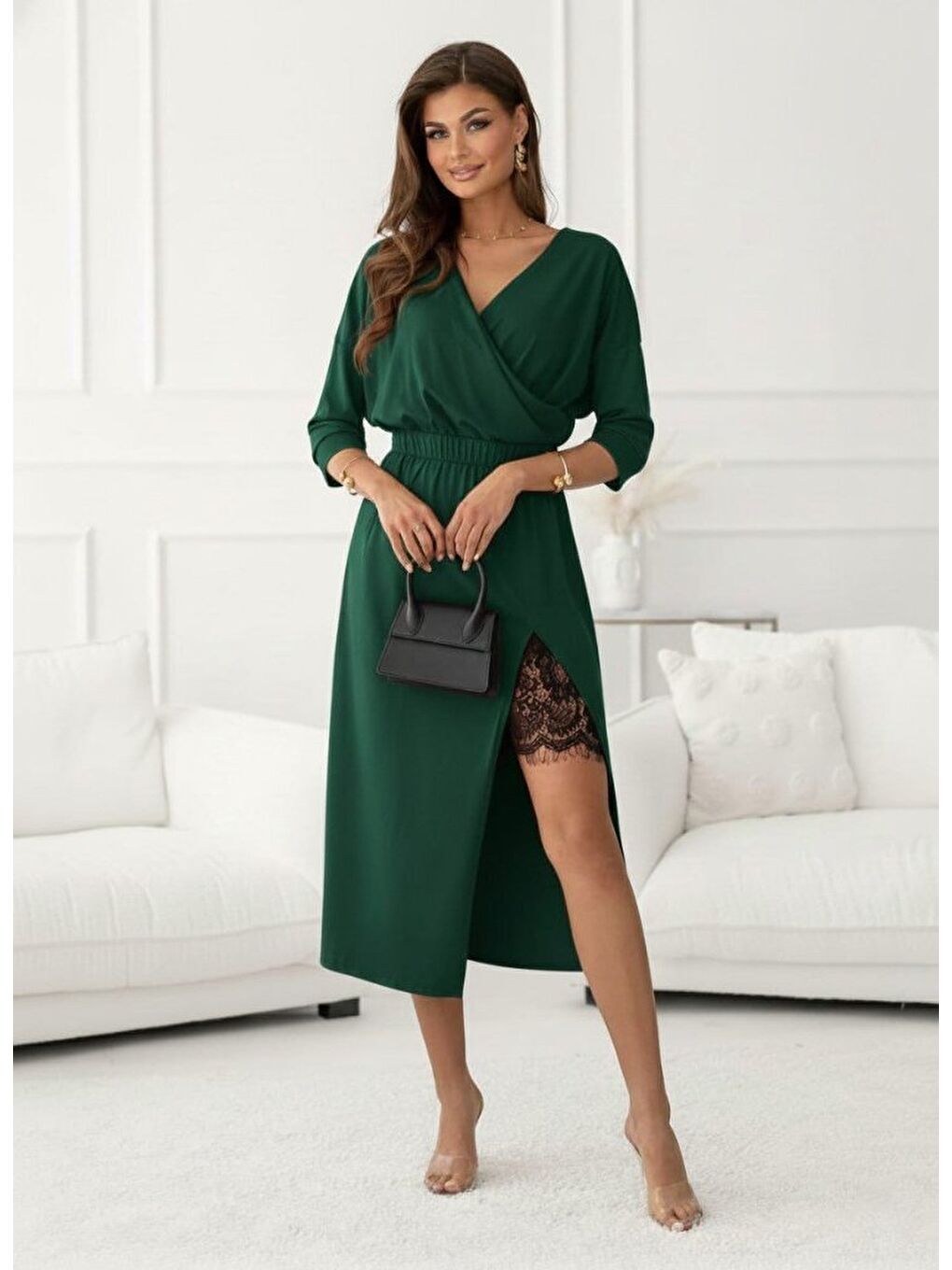 Yeşil Kadın Uzun Kollu Kruvaze Yakalı Yandan Dantelli Midi Ithal Krep Elbise-1