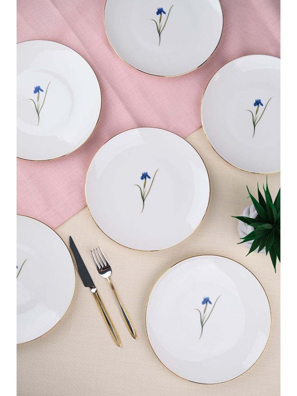Beyaz Porselen Natura İris Altın Yaldız Pasta Tabağı 20,50cm 6 lı