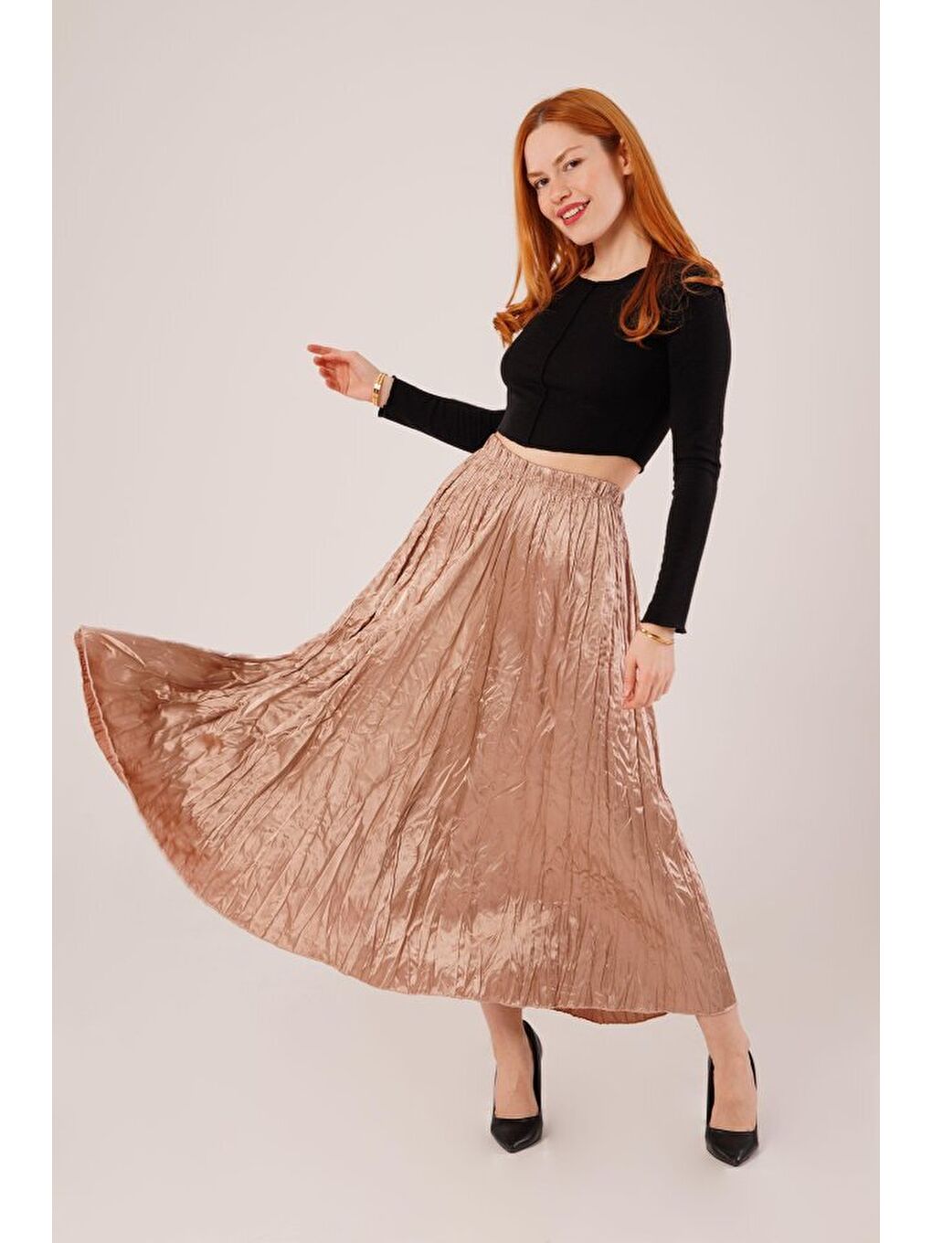 Sarı Midi Boy Pileli Saten Bronz Etek