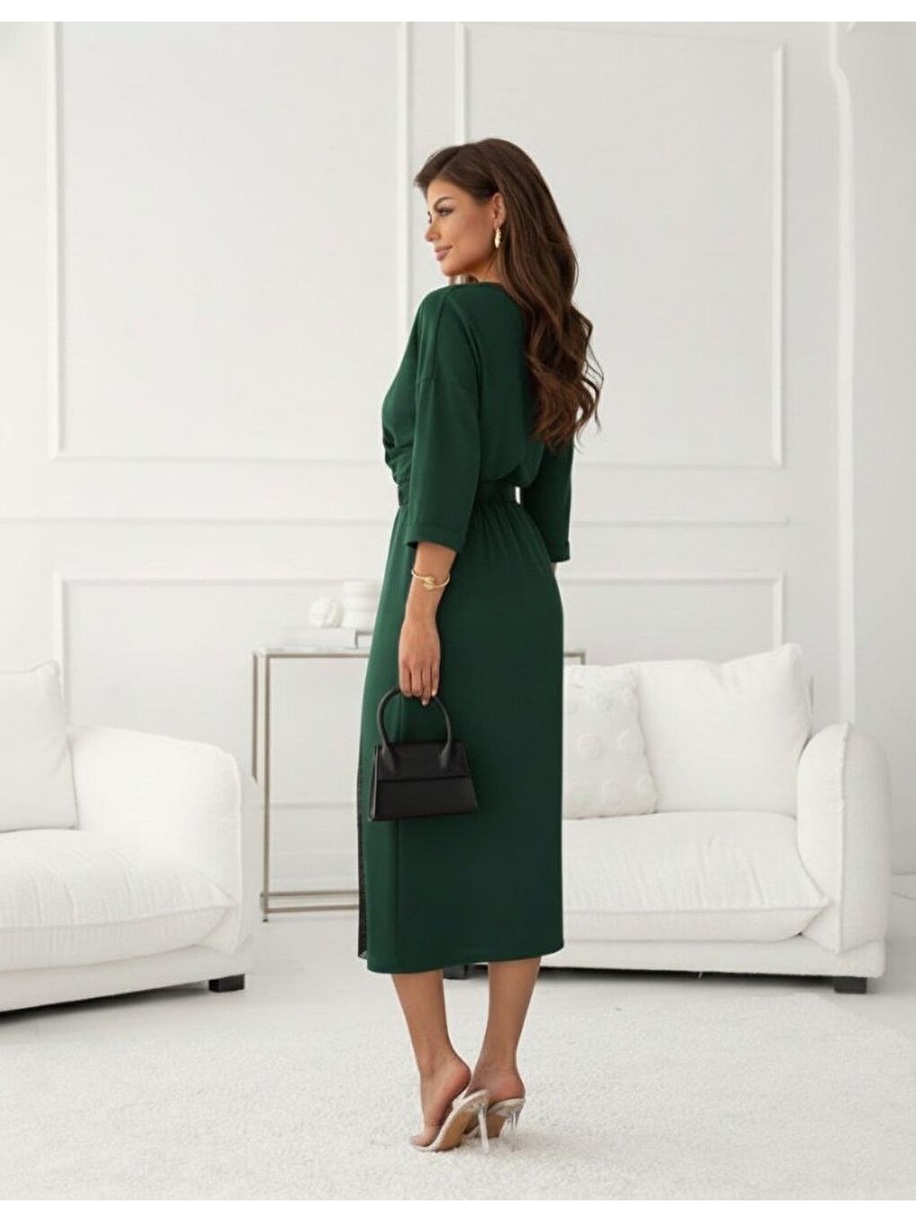 Yeşil Kadın Uzun Kollu Kruvaze Yakalı Yandan Dantelli Midi Ithal Krep Elbise-2