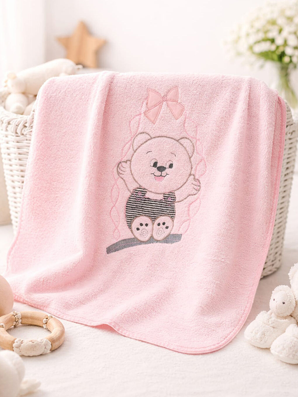 Pembe Çift Katlı Welsoft Salıncak Nakışlı Bebek Battaniyesi PEMBE-1