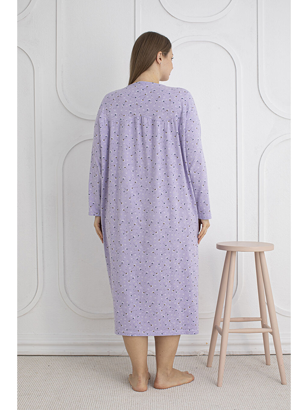 Lila %100 Pamuklu Mevsimlik Kumaş Uzun Kol Büyük Beden Anne Geceliği 1525-5
