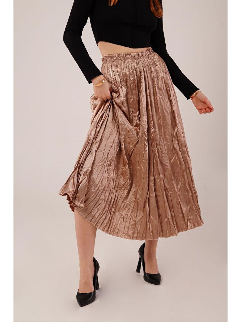 Sarı Midi Boy Pileli Saten Bronz Etek-1