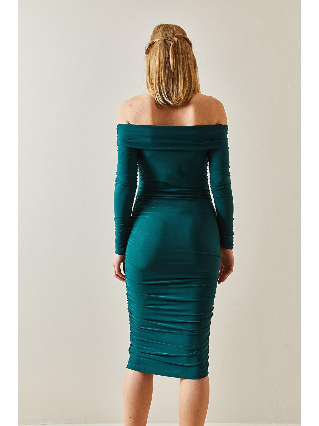 Zümrüt Yeşili Madonna Yaka Drapeli Midi Elbise 4KXK6-47915-44-4