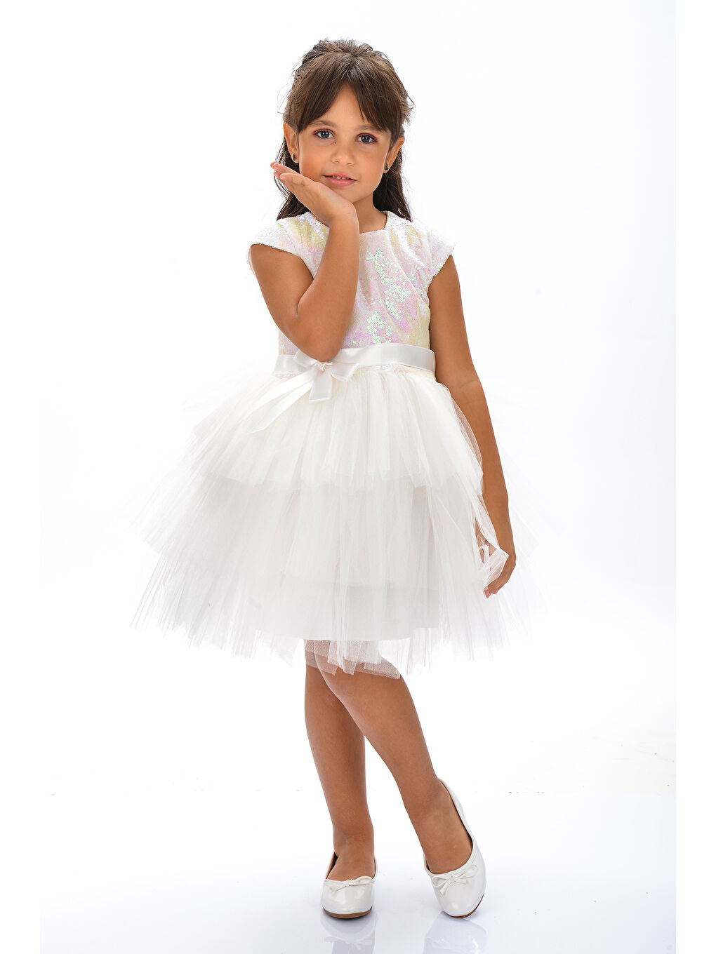 Beyaz Mnk Kız Çocuk Pullu Tüllü Parti Elbisesi-8