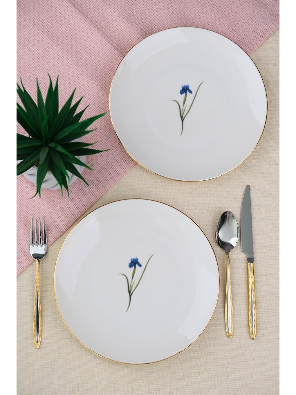 Beyaz Porselen Natura İris Altın Yaldız Pasta Tabağı 20,50cm 2 li