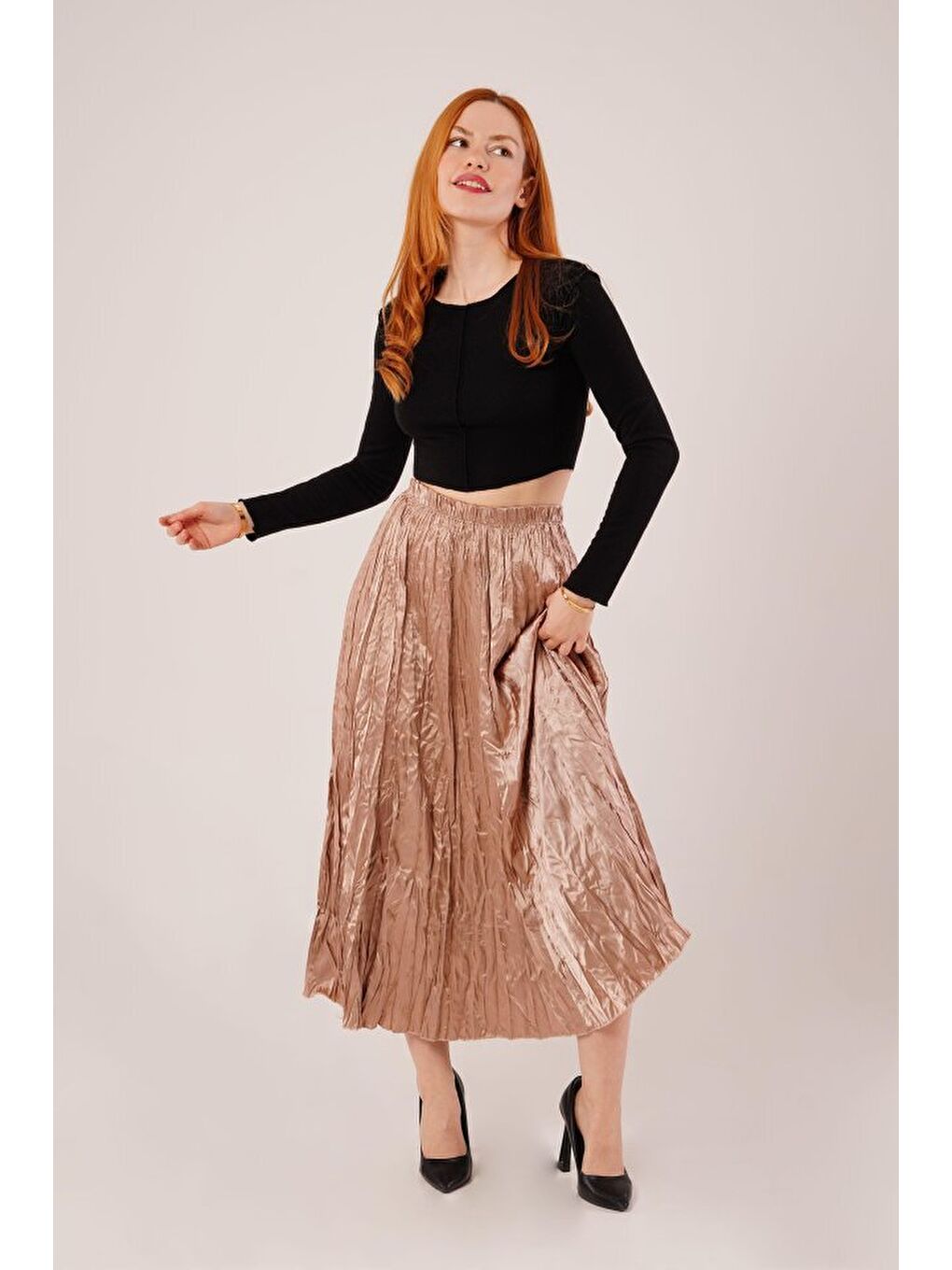 Sarı Midi Boy Pileli Saten Bronz Etek-2