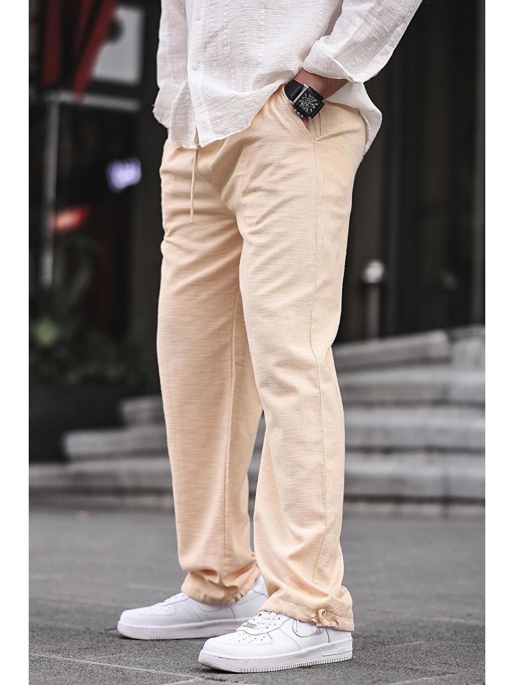 Paça Detaylı Rahat Kesim Erkek Bej %100 Pamuk Pantolon 6532-1