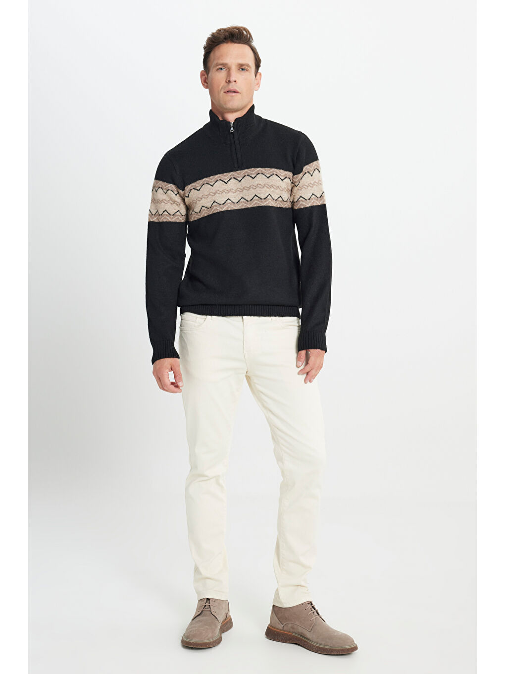 Erkek Siyah-Bej Standart Fit Bato Yaka Fermuarlı Etnik Desenli Triko Kazak-1