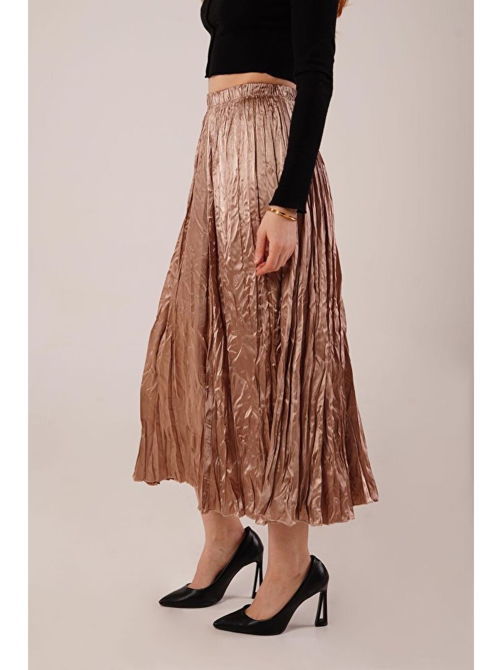 Sarı Midi Boy Pileli Saten Bronz Etek-3