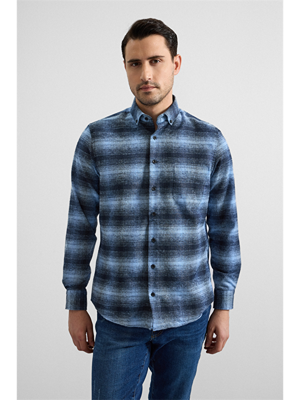 Lacivert Regular Düğmeli Yaka Kareli Casual Gömlek